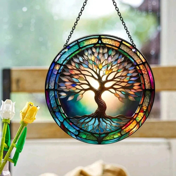Tree nature weather stained glass style resin decor enamel home hanging picture - Picture 2 of 7